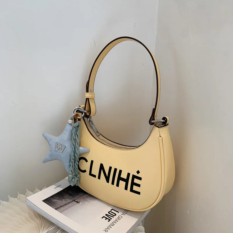 

Korean Underarm Bag New Fashion Solid Letter Women's Single Shoulder Messenger Bag PU Leather High Quality Female's Crescent Bag