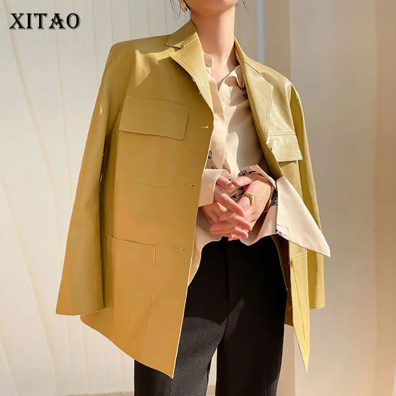 

XITAO Single Breasted Faux Leather Women 2021 Autumn New Personality Fashion Turn-down Collar Full Sleeve Faux Leather WMD3958