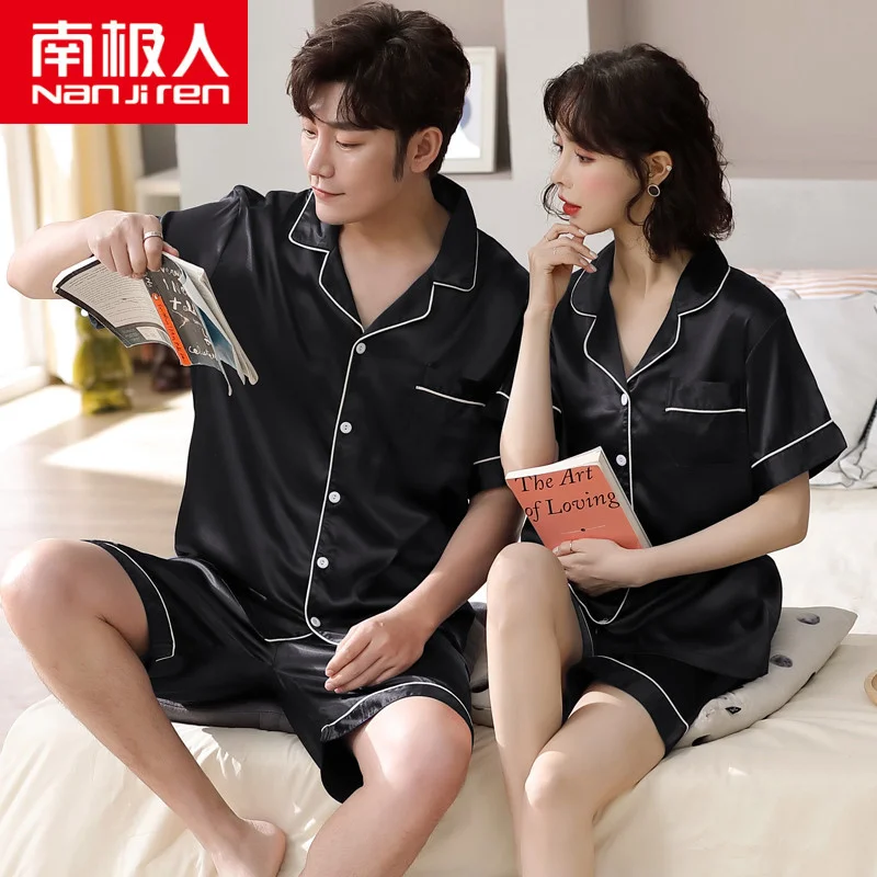 

Pajamas For Women 2 Pieces Sets 2021 New Couple Pajamas Men's Summer Ice Silk Short Sleeve Home Wear Female Clothing