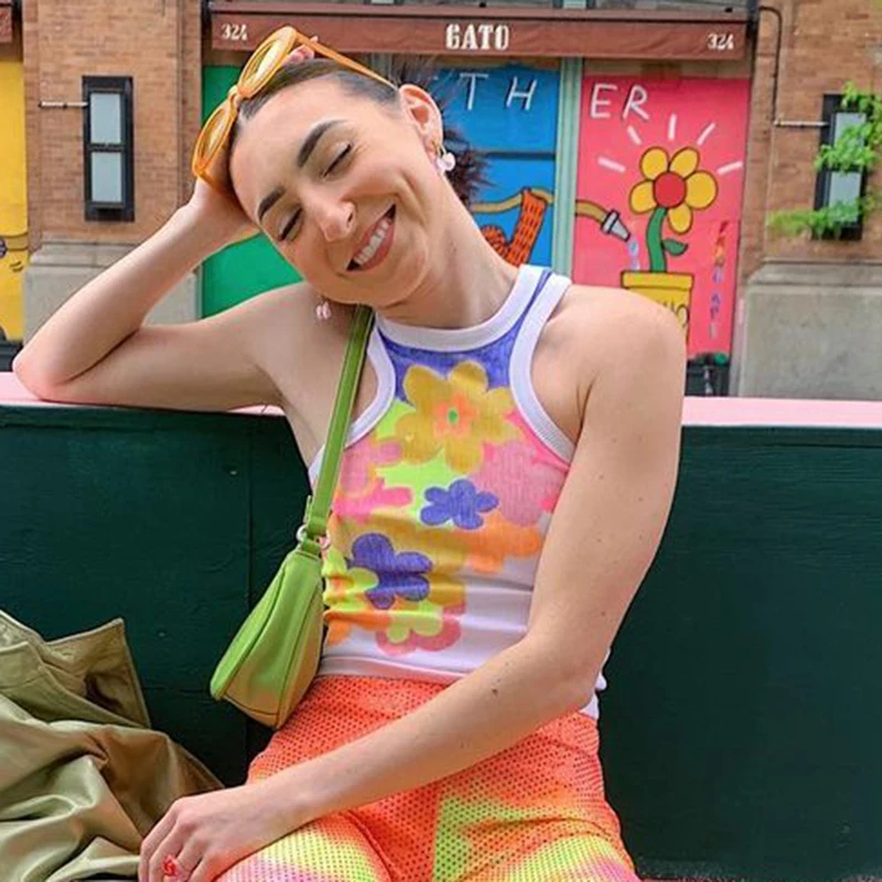 

Cute 2021 Camis Sleeveless Retro Floral Print Y2K Crop Tops Women 2000s Aesthetic Kawaii Clothes Off Shoulder Casual Tank Vest