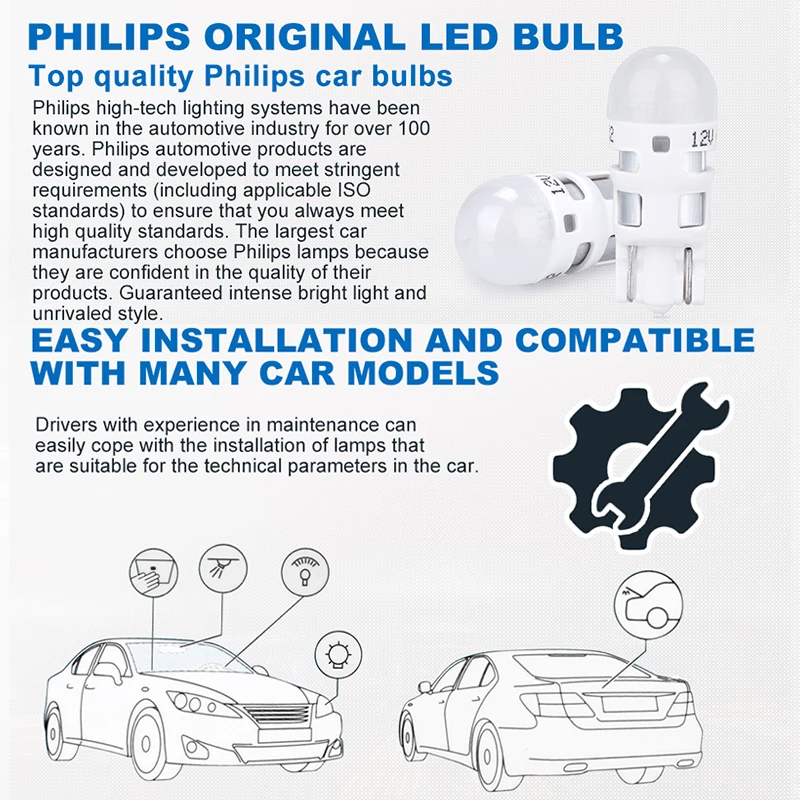Philips W5W 12V светодиодный 1 0W W2 1x9 5d Auto 6000K 4000K теплый белый Ultinon карт.уп. 2шт T10