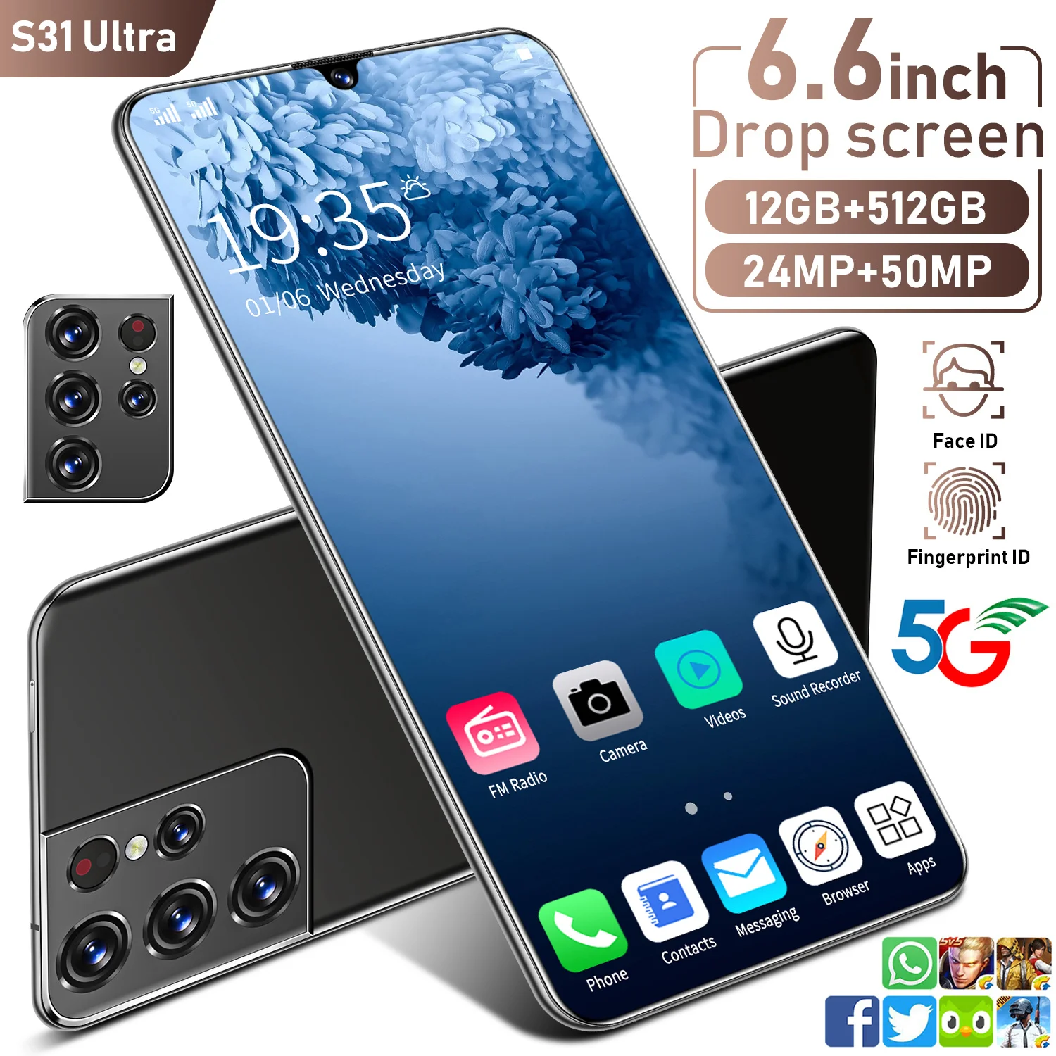 

S31 Ultra 6.6 Inch 2021 Newest SmartPhone 10 Core 6000mAh 12+512GB 24+48MP Face Recognition Dual SIM Dual Standby 5G MobilePhone