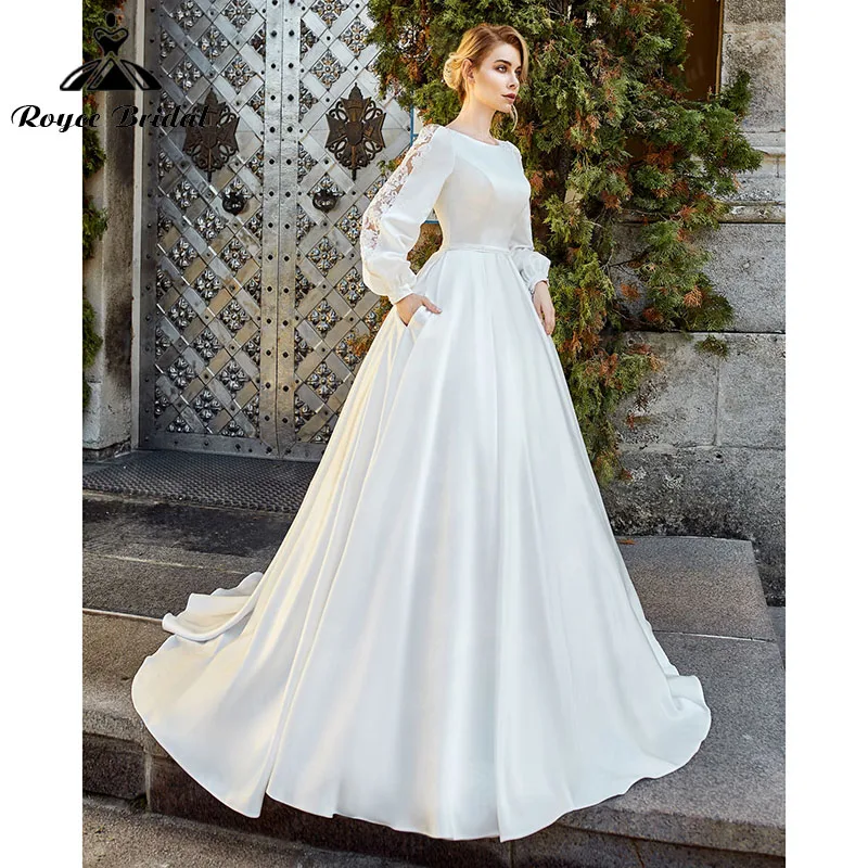 

Бальное платье принцессы 2022, свадебное платье с карманами, на пуговицах, с длинным пышным рукавом, атласное, с открытой спиной, кружевное, с к...