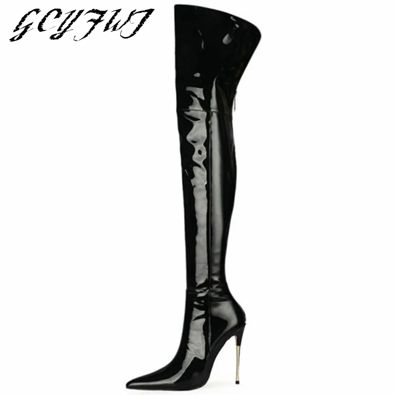 

Women Over-the-knee Boots Solid Color Pointed Toe Thin Heels Zipper-Sid Female Shoes High Heel Patent Leather Sexy Ladies Boots