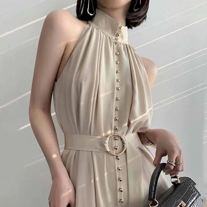 

XITAO Solid Color Stand Collar Bandage Dress Sleeveless Fashion Temperament Simplicity Women 2021 Summer New All-match LDD1890