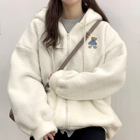 2022 winter lamb plush warm jackets kawaii bear embroidery white plus velvet coats y2k korean casual loose women hoodie brown