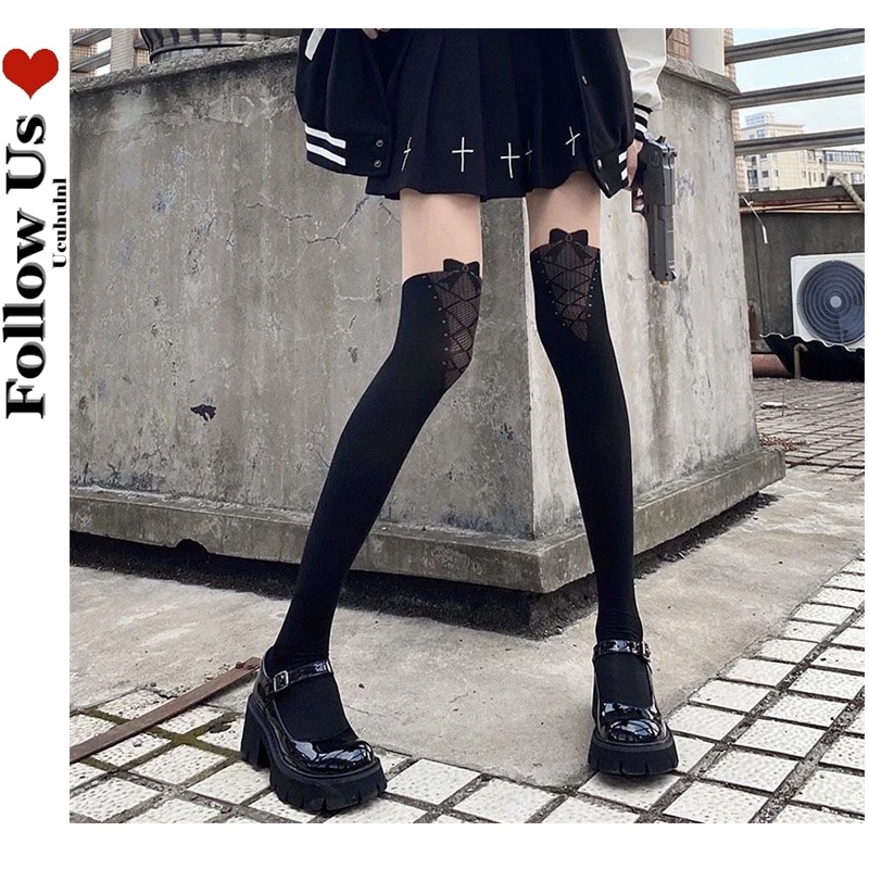 

Japanese Patchwork Thigh High Stockings Female Gothic Dark Fake Bow Tie Pantyhose Tights Women Sexy Knee High Socks колготки