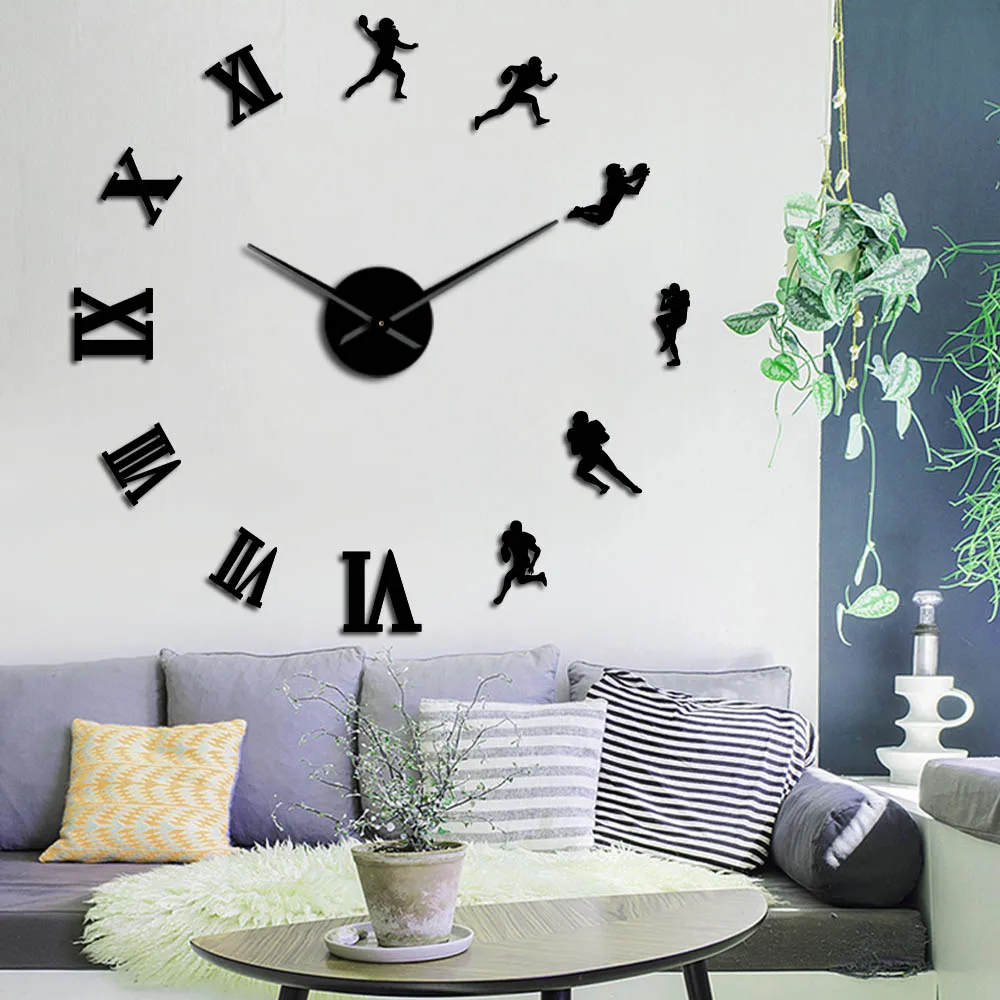 

American Football Players DIY Large Wall Clock Frameless Giant Wall Watch Sport 3D Mirror Surface Wall Sticker Watch Clock