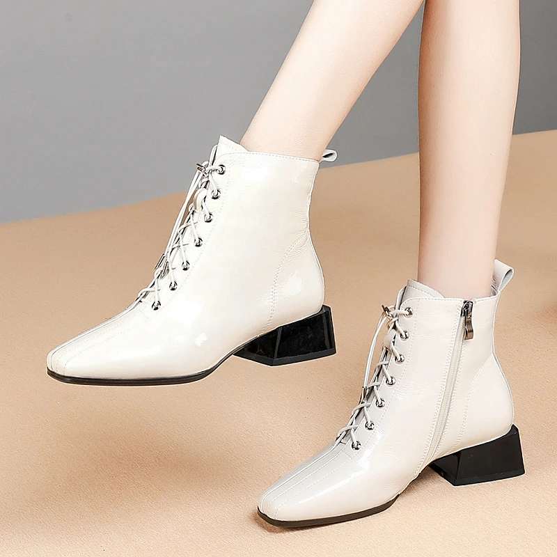 

Women med Heels Ankle Boots Genuine Leather Corss-tied Female Basic Boots Square Toe Party Wedding Shoes Woman size 41 42