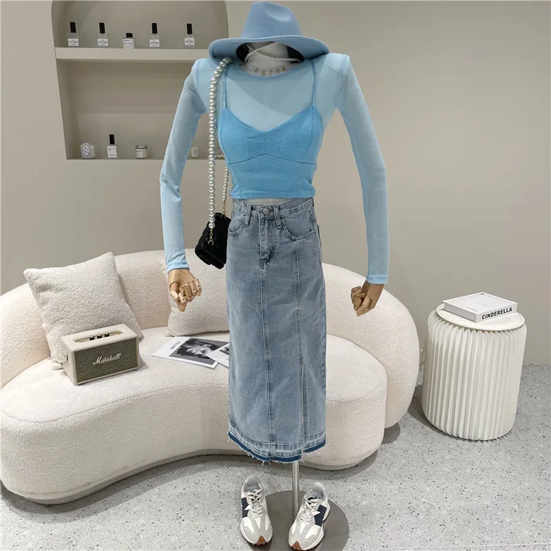 

Niche Design Women's Spring Summer 2021 Fashion Mid Length Retro Versatile A-line Skirt Split High Waist Denim Skirt