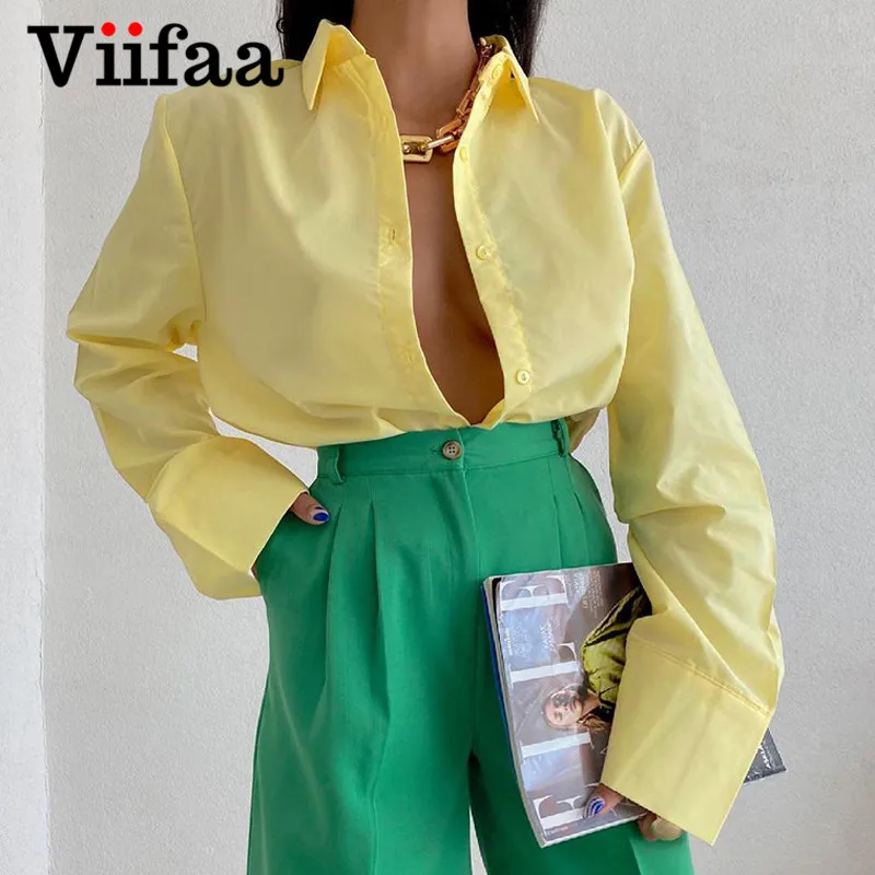 Viifaa Yellow Solid Fashion Blouses and Tops Women Long Sleeve Autumn 2021 Turn-Down Collar Button Up Basic Shirts