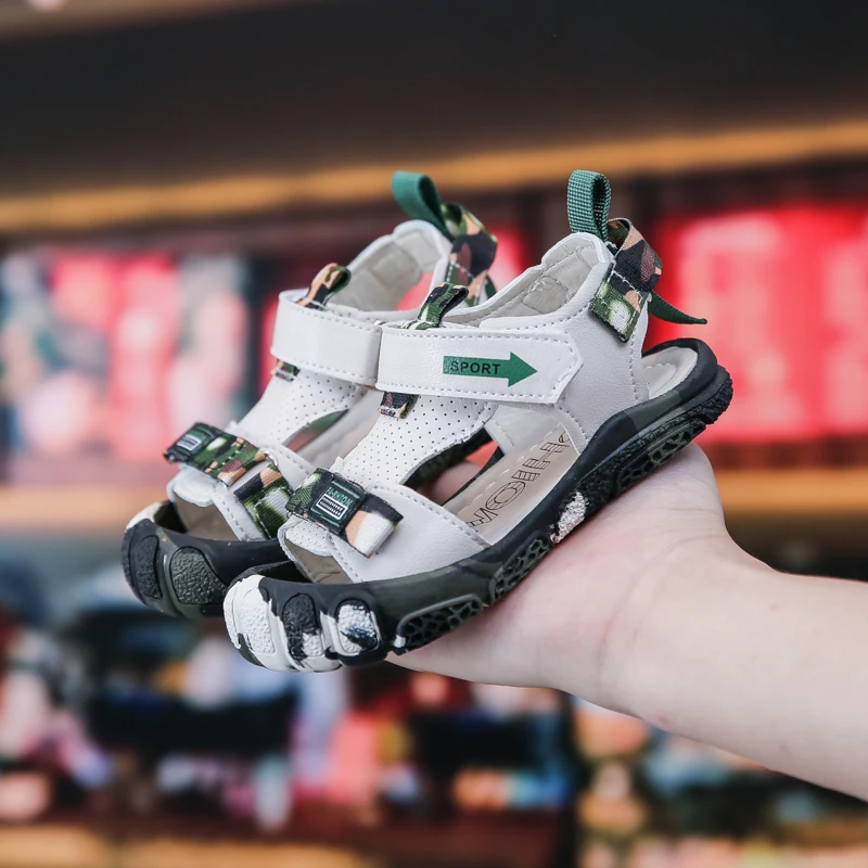 Сандалии детские из ПУ кожи пляжная обувь с широкими липучками для начинающих