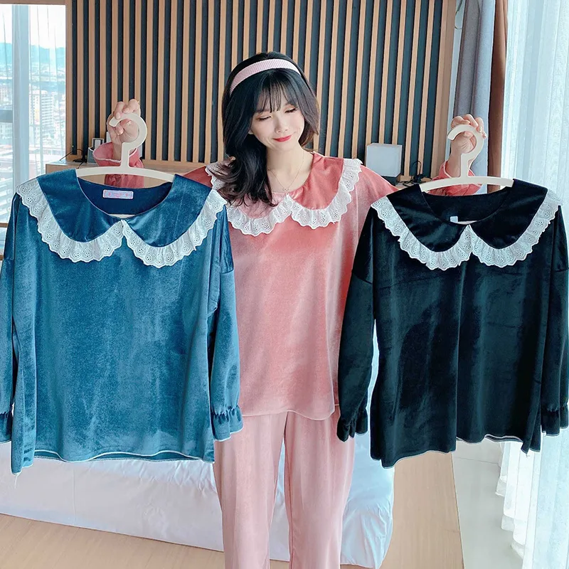 

SLPBELY Autumn Winter Warm Pleuche Lace Trim Pajamas Homewear Suit Velet Long Sleeve Trousers Suit Thick Warm Nightwear