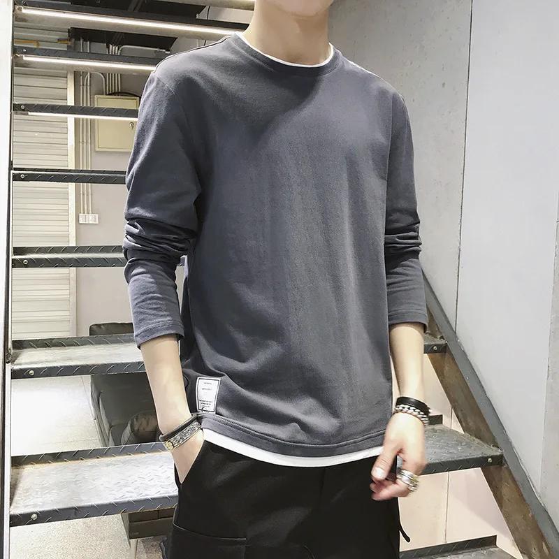 

Men Fake Two Piece Long Sleeve T Shirt Korean Fashion O-Neck Casual T-Shirt Solid Color Loose Fit Pullover Tops Plus Size 3XL