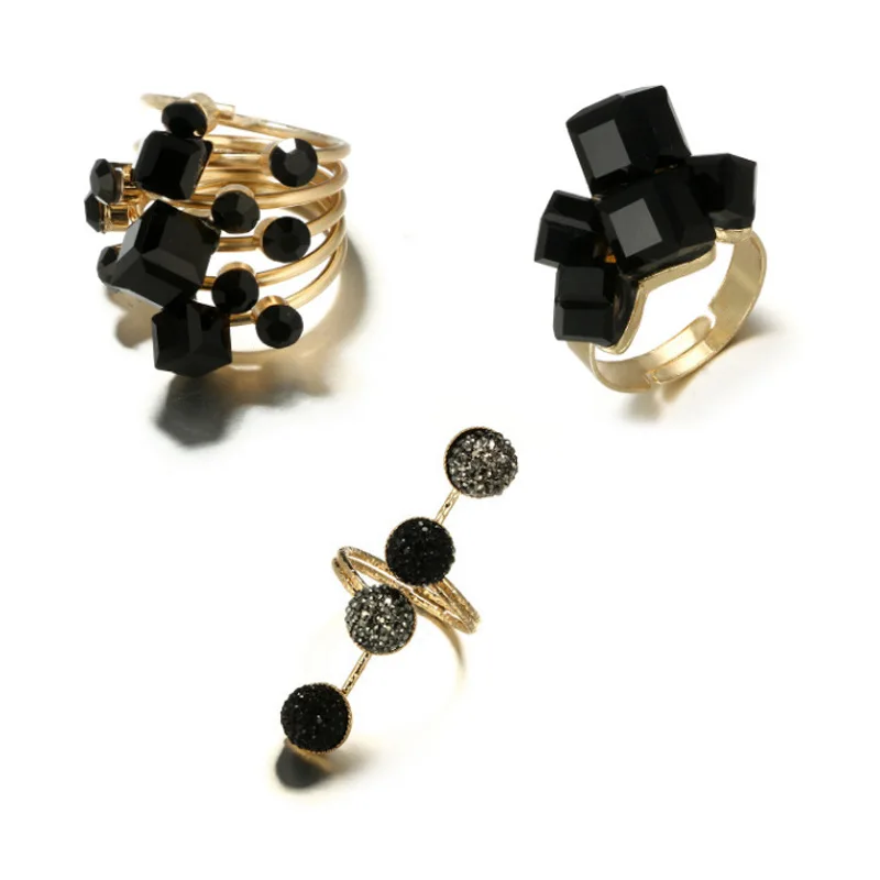 3 модели панк ретро черные камни кристалл золотые кольца Геометрия для мужчин