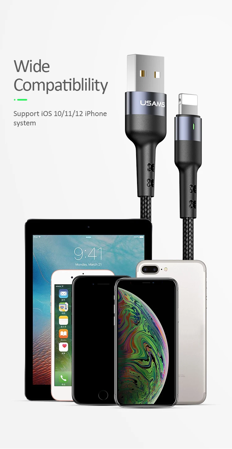USAMS для usb lightning Кабель короткий 0,5 м 1 м 2 м Быстрая зарядка данных зарядное устройство для мобильного телефона для iPhone xs max xr 8 7 6s plus ipad светодиодный
