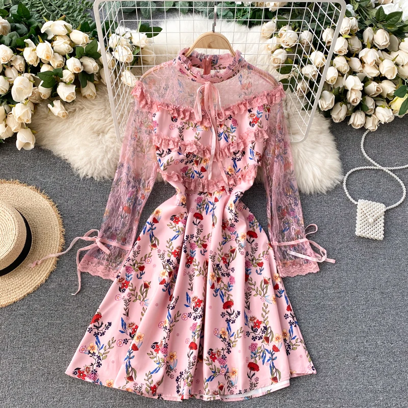 

High Waist Spring Boho Embridery Party A-Line Print Floral Dresses Women Lace 2021 Dress Vintage Autumn Elegant Long Sleeve Robe