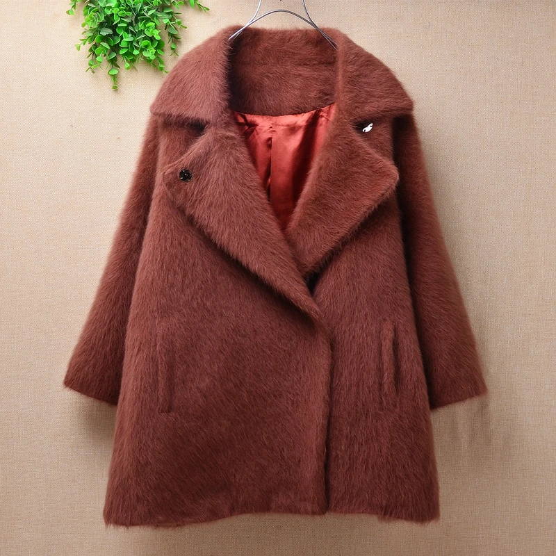 

1KG heavy thick Fall Winter warm hairy mink cashmere knitted suit collar loose oversized knitwear cardigans jacket coat sweater