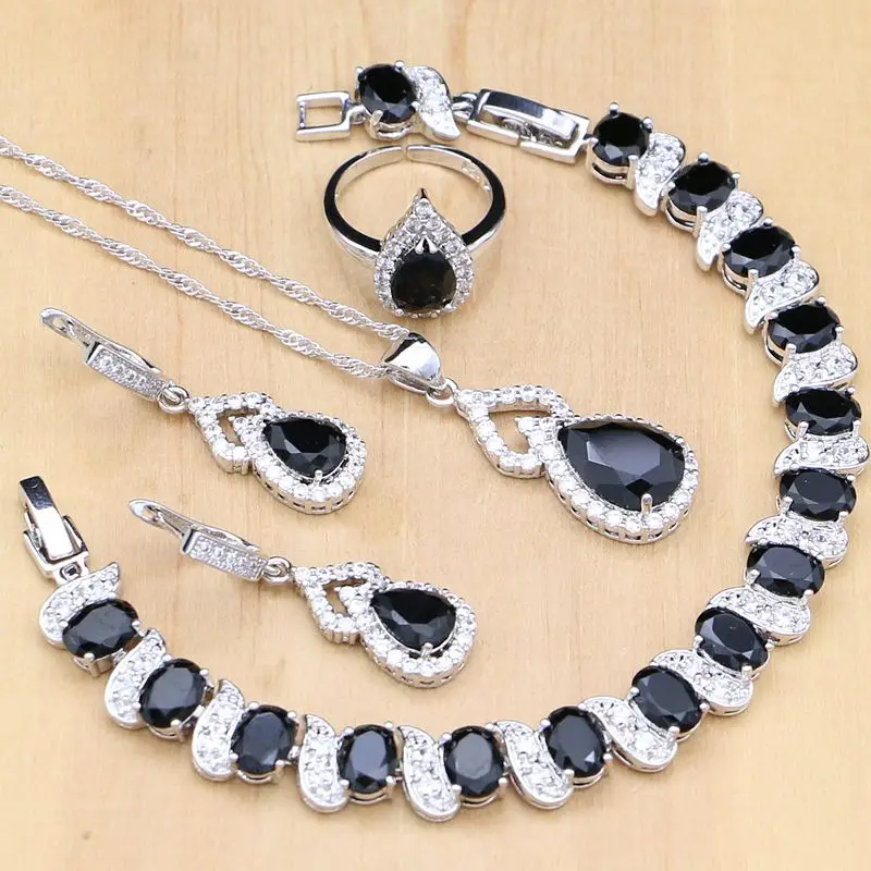 925 Silver Jewelry Black Stone White CZ Sets For Women Party Earrings Pendant Open Rings Bracelet Necklace Set | Украшения и