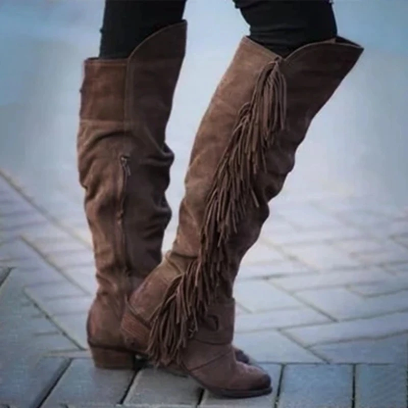 Puimentiua/Женская обувь; модные сапоги до колена с бахромой; однотонные теплые сапоги из флока без застежки с бахромой; сезон осень-зима - Цвет: brown