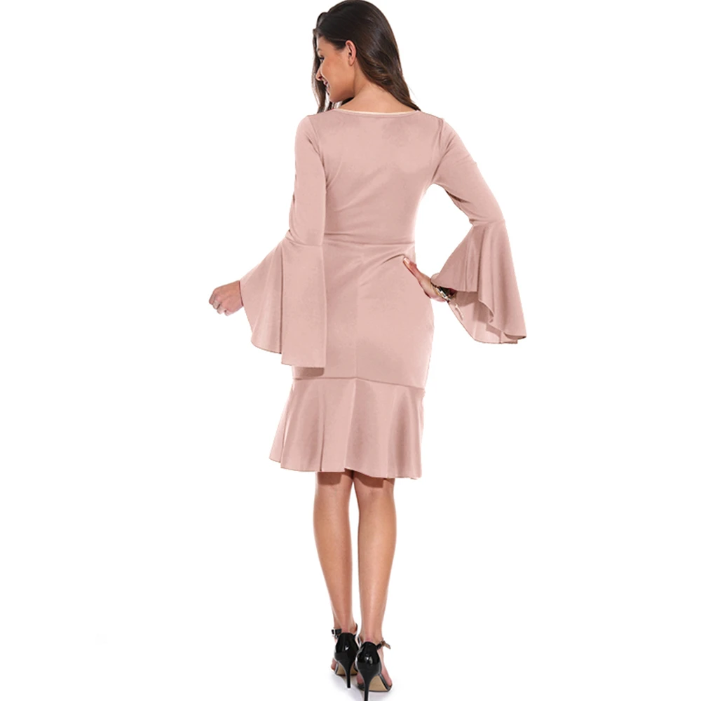 

Women O Neck Flare Sleeve Slim Split Ruffles Solid Color Elegant Cocktail Party Dress Vestido de festa