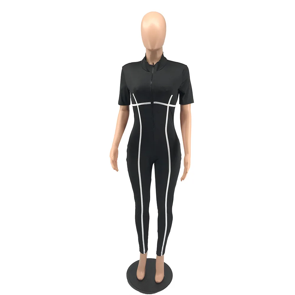 

Female Fashion Workout Active Wear Casual Short Sleeves Zipper V Neck Skinny Casual Rompers Women Jumpsuit