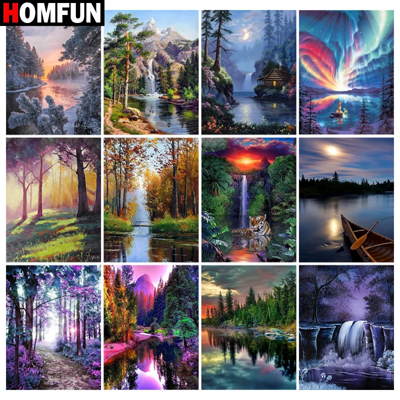 HOMFUN 5d алмазная живопись камни в форме ромба/круглый Лесное озеро пейзаж