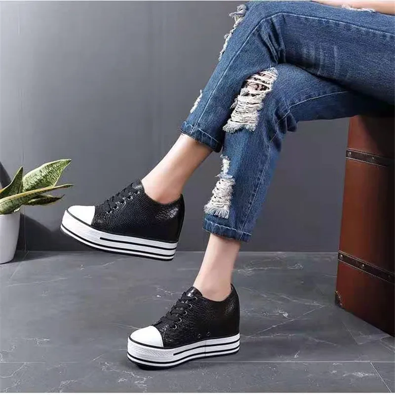 

Leather,Inner Height Women's Shoes 2021New Spring and Summer Thick Soled Casual Shoes Korean Breathable Large Black Single Shoes