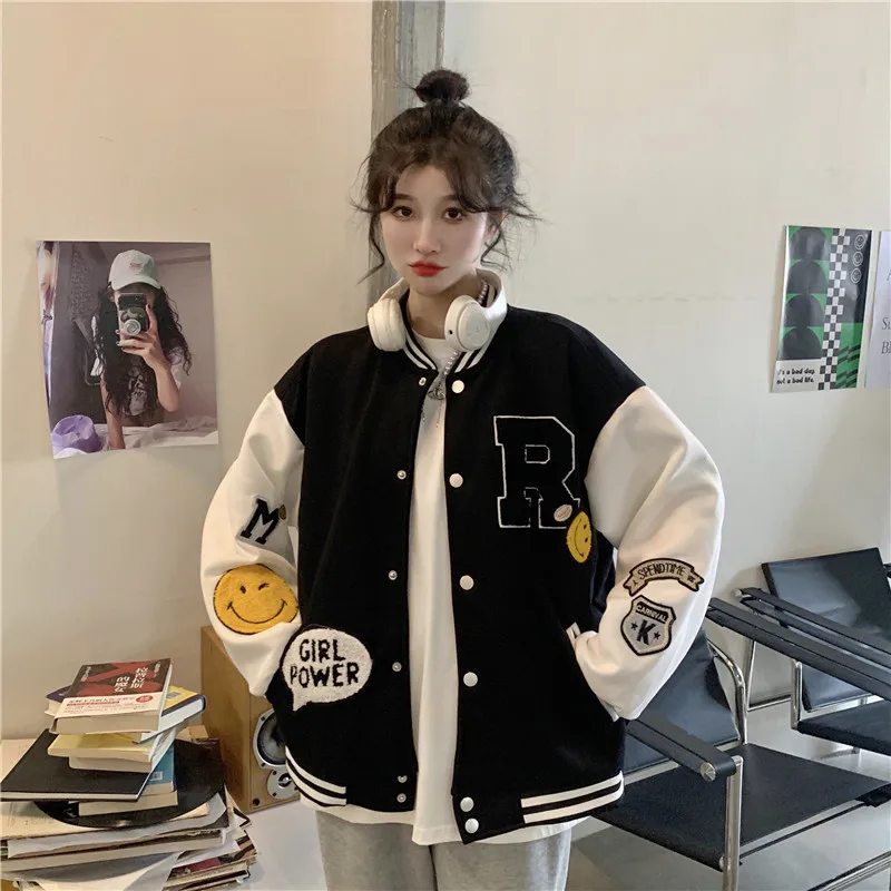

Regular ladies baseball uniform black and white S-4XL spring and autumn jacket new Korean students sweet and loose all-match cas