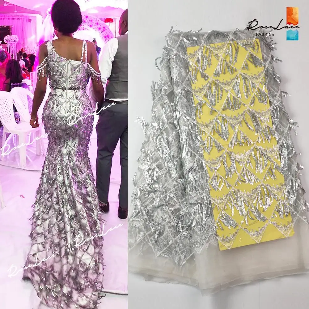 Серебристая сетчатая Тюлевая кружевная ткань с кисточками и блестками