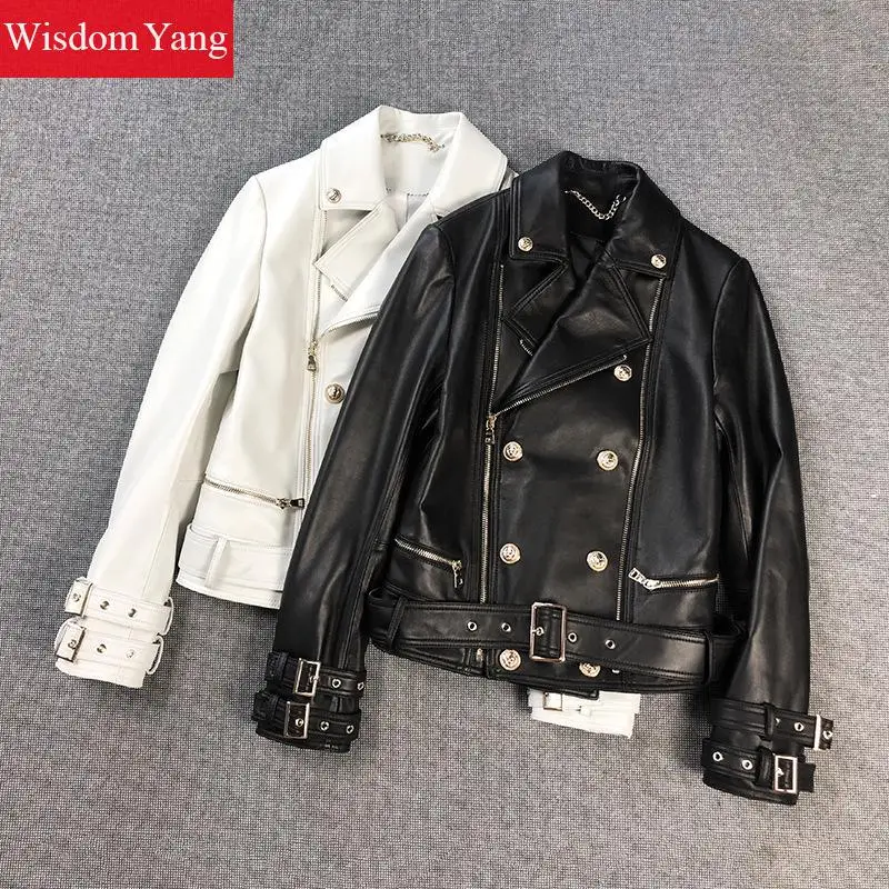 Genuine Sheepskin Leather Short Jackets Coat Womens Autumn Black White Khaki Biker Coat Moto Zipper Ladies Streetwear Outerwear