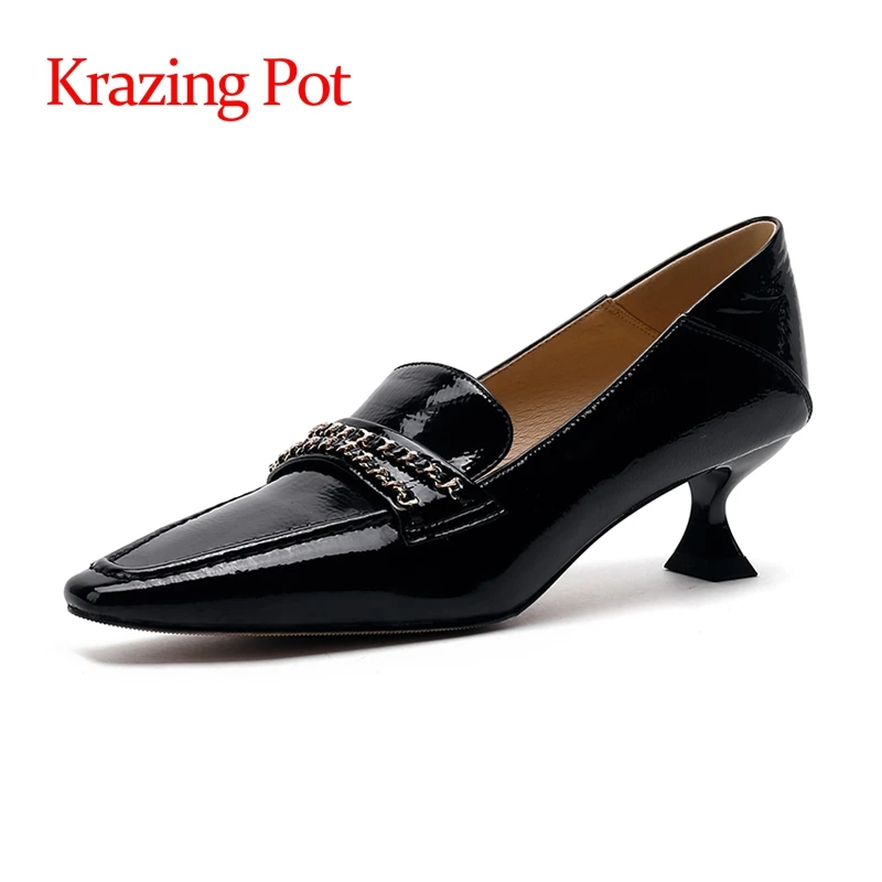 

Krazing Pot new patent leather pointed toe strange high heels metal chain decorations classic colors office lady women pumps L57