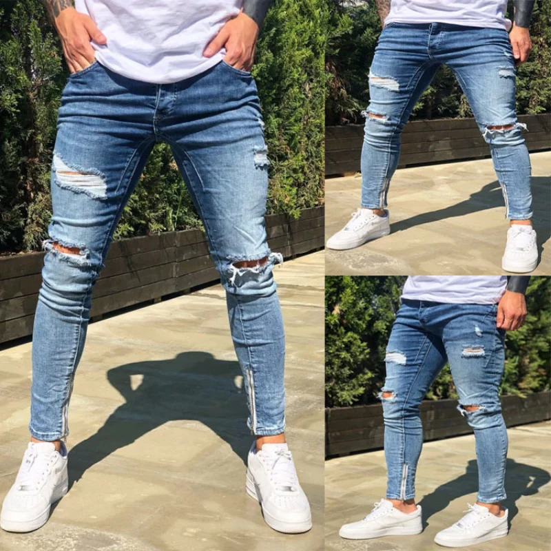 

Ripped sexy jeans men's fashion pencil pants street hip-hop men's motorcycle jeans Hole denim clothing