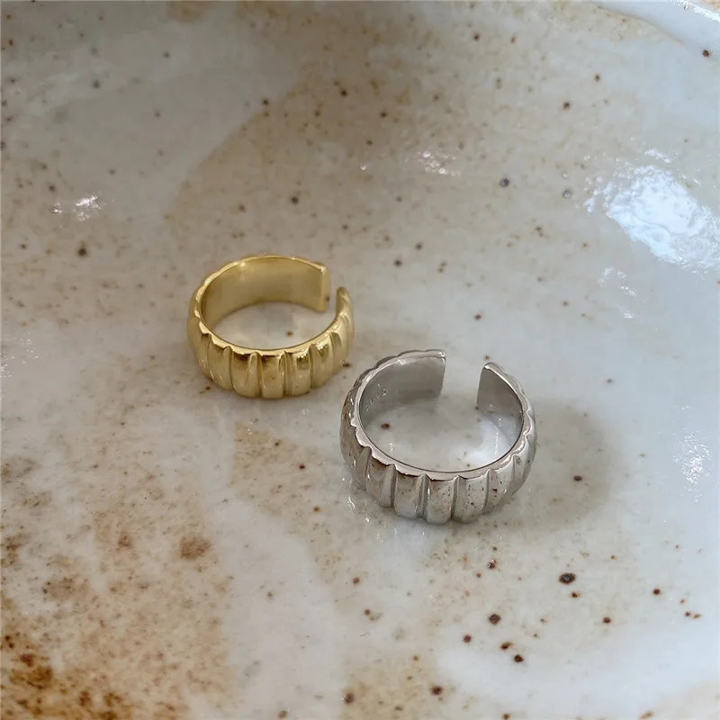 

POFUNUO Real 925 Sterling Silver Original Creative French Wide Face Gear Open Rings Women Hyperbole Punk Minimalist Gold Rings