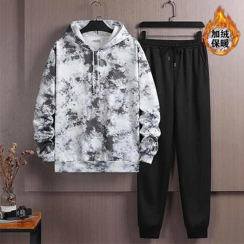 

Autumn Winter Men Sets Fashion Plus Fur Warm Men's Hooded Sweater Set Trendy Tie-dye Gradient Sportswear Set Male Traje Hombres