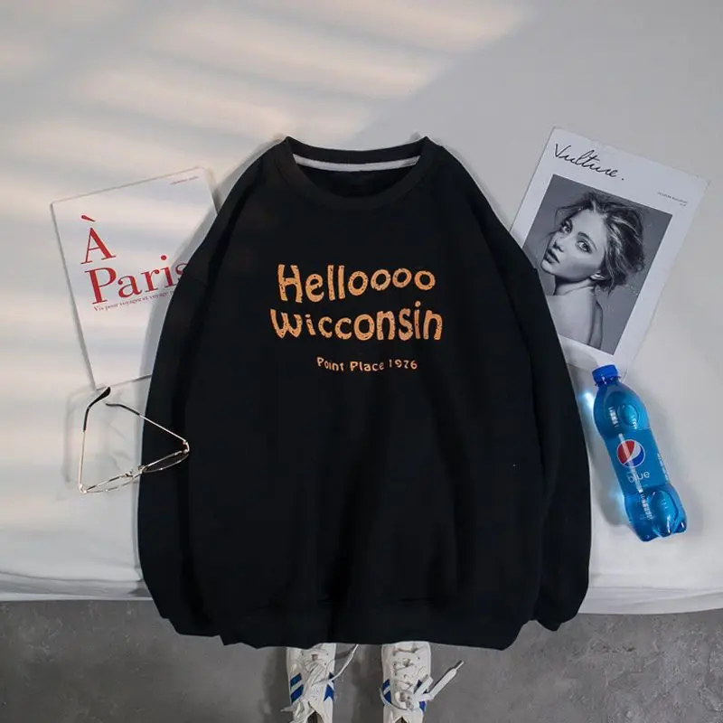 

Простой свитшот для мужчин в стиле Харадзюку с круглым вырезом и надписью, осенне-зимний бархатный пуловер с принтом, корейские свободные т...