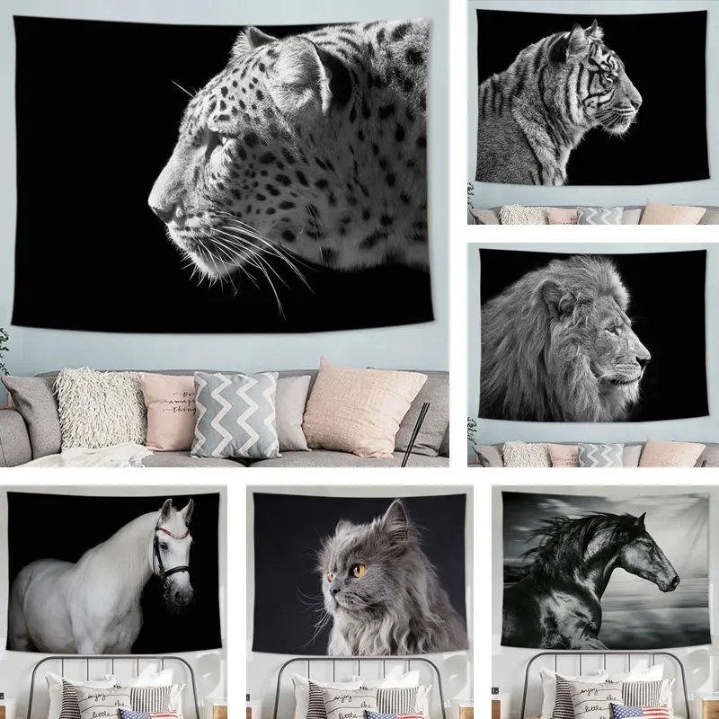 

Гобелен на заказ, настенный подвесной черный и белый лев, тигр, кот для взрослых, настенный тканевый Декор для спальни, общежития 59 дюймов
