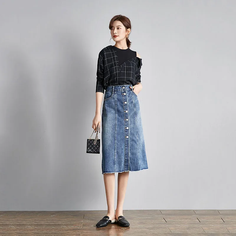 

Autumn A-Line Office Lady Mid-Calf Skirt 2020 High Waist Single Breasted Elegant Tassel Denim Skirt For Women Faldas Mujer