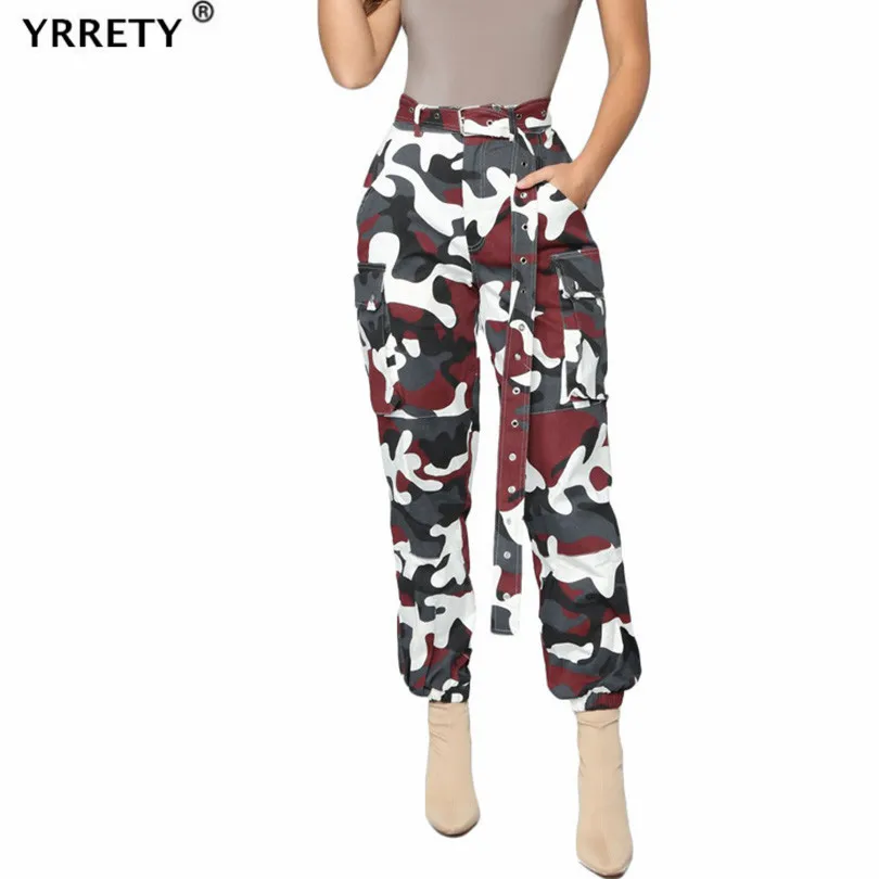 

YRRETY Women Elasticity Waist Camouflage Print Casual Pants Streetwear Army Graffiti Pockets Belts Leopard High-RiseÂ Ankle Folds