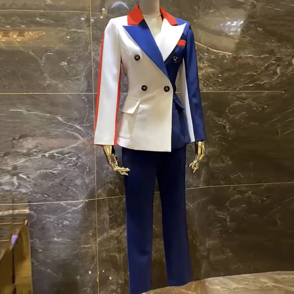 

Ailigou 2021 New Blazer Pants Set Blue and White Long Sleeve Ladies Set Office Set Long Sleeve 2 Piece Blazer Set Vestidos