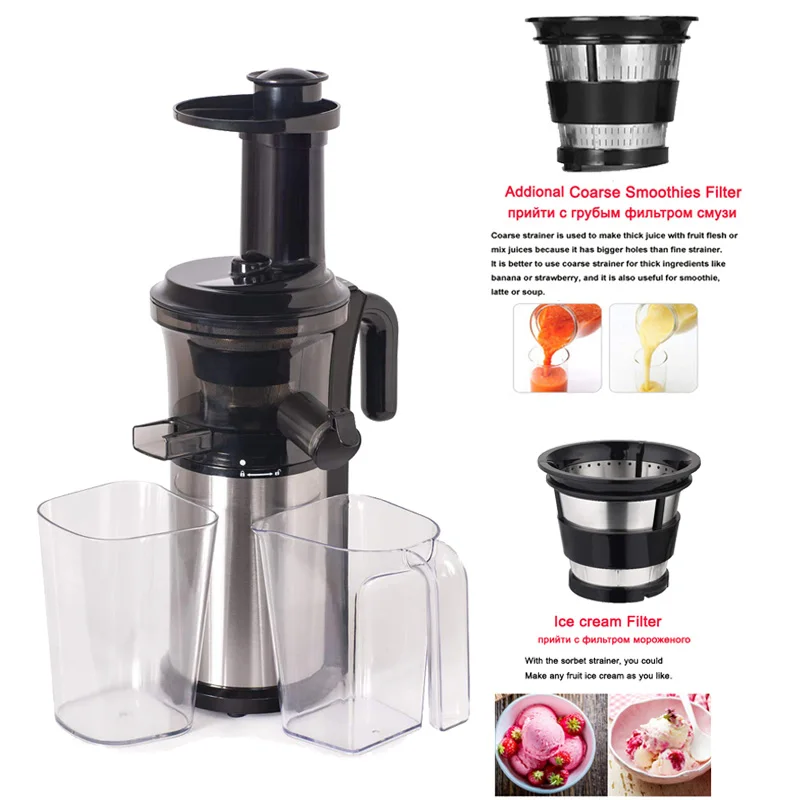 With 3 strainers BPA FREE, 200 Вт, 40 об/мин, мастицирующая медленная соковыжималка, низкоскоростная шнековая соковыжималка для фруктов, овощей, холодного отжима, соковыжималка для фруктов из нержавеющей стали - Цвет: With 3 strainers