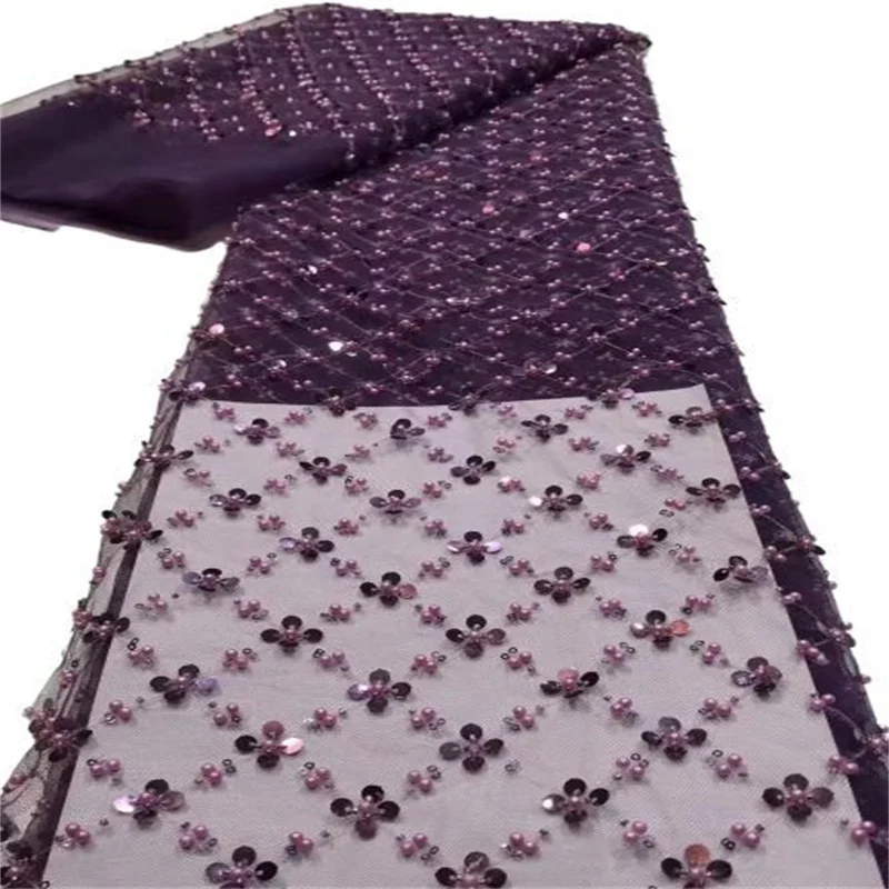 

Purple African 3D Sequins Lace Fabric High Quaity Beads Fabric Embroidery French Tulle Mesh Lace Fabric for Nigerian Party