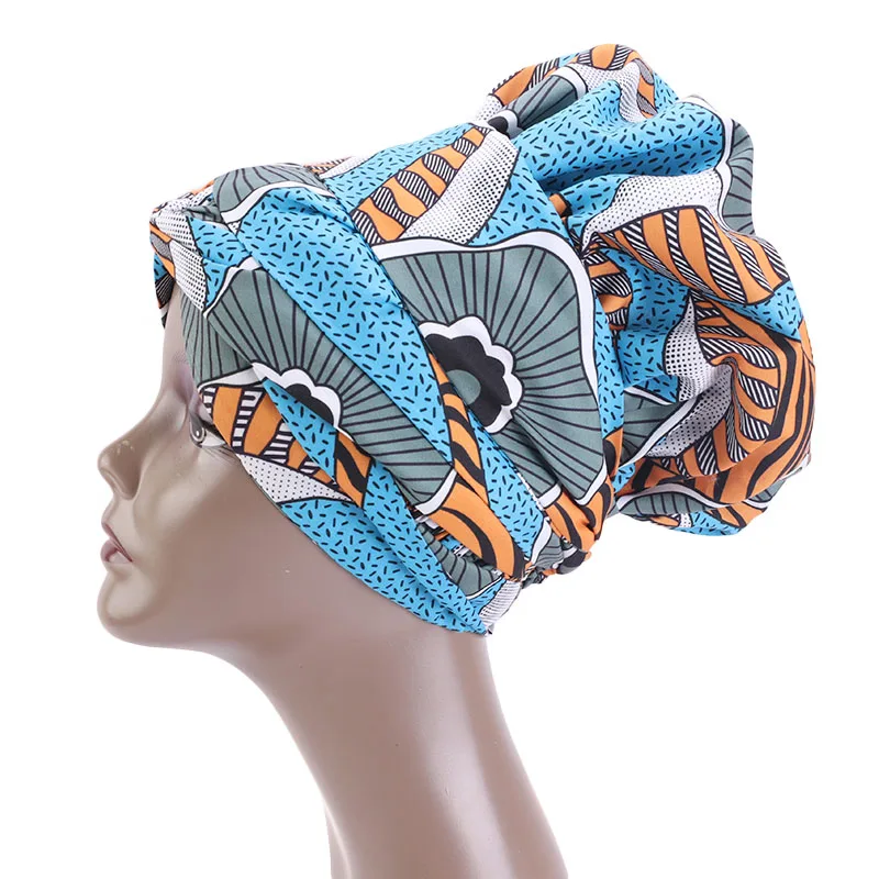 African Print Large Satin Lined Bonnets For Women Hat With Long Ribbon Headwrap Ankara Pattern Hair Cover Hair Wrap Cap Hijabs