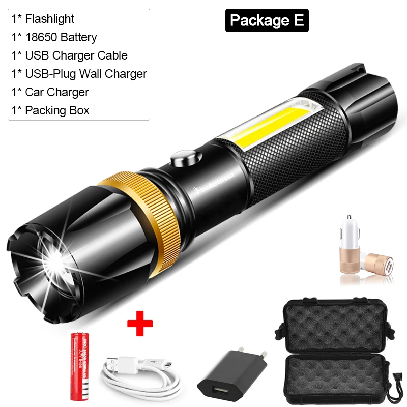 Package E Мощный светодиодный фонарь L2/T6 COB Светодиодный фонарь с подзарядкой от USB, водонепроницаемый фонарь с usb-кабелем, аккумулятор 18650 - Испускаемый цвет: Package E