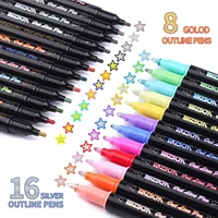 hot sale double line markers 24 colors double tipped outline paint pens including 8 gold and 16 silver glitter shimmer metallic
