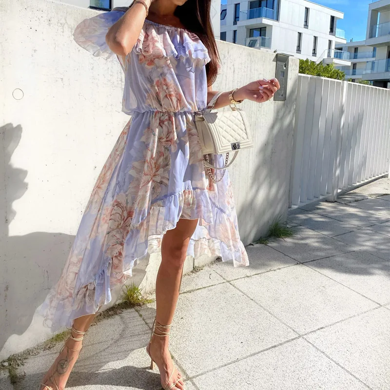 

Summer Sexy Slash Neck Off Shoulder Dress Women Slim Irregular Ruffles Long Dress Elegant Floral Print Elastic Waist Party Dress