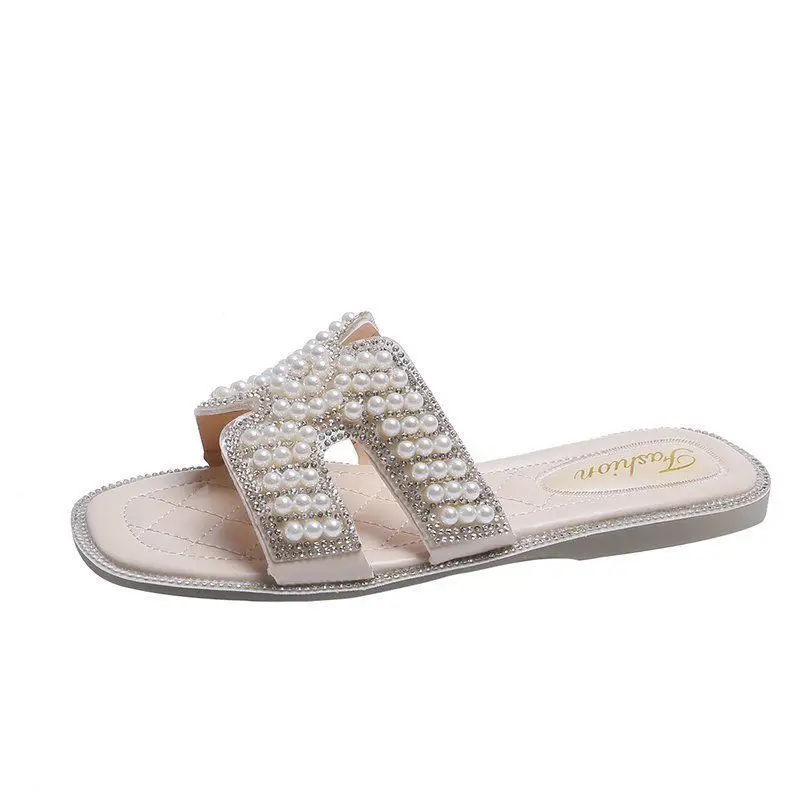 

Pearl Embellished Sandals Women Summer Shoes Woman Slides Slippers H Flat Sandals Rhinestones Women's Sandals Large Size 35-43
