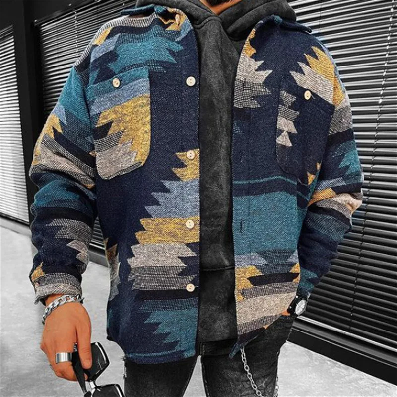 

2022 Harajuku Pattern Printed Coats Winter Mens Fashion Turn-down Collar Buttoned Jackets For Men Autumn Long Sleeve Outerwear