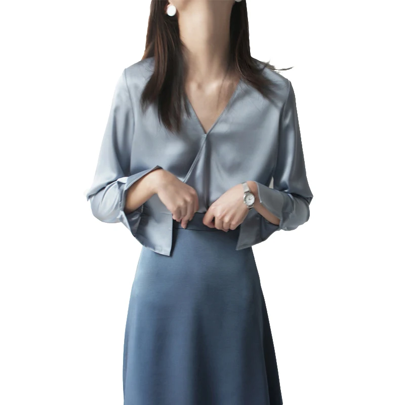 Женская офисная блузка GOPLUS Весенняя однотонная с v образным вырезом и длинным