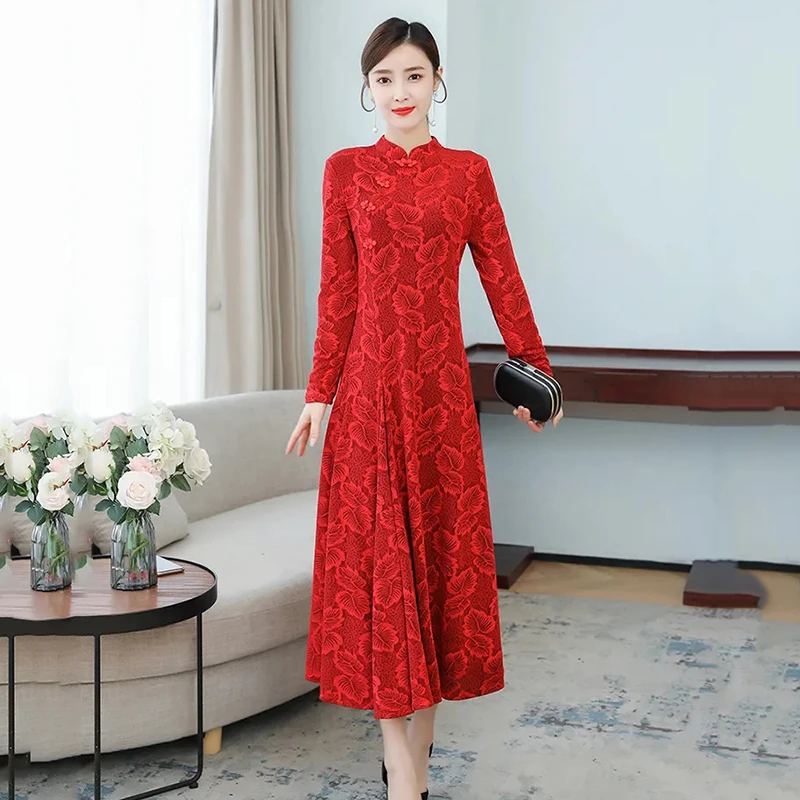 Винтажное жаккардовое платье-Ципао с цветочным принтом женское элегантное